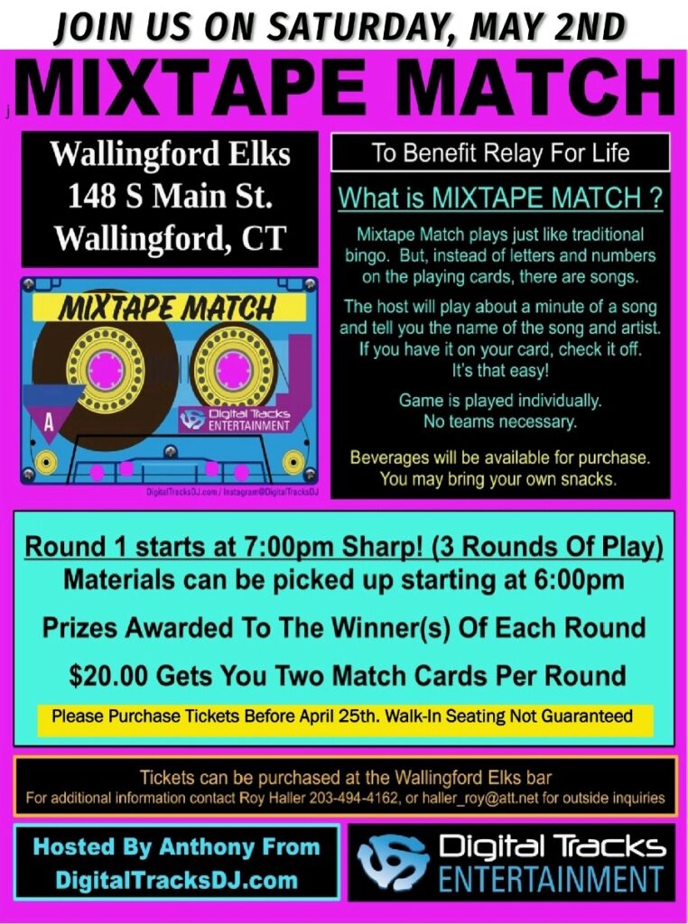 Mixtape Match event flyer Wallingford Elks May 2nd